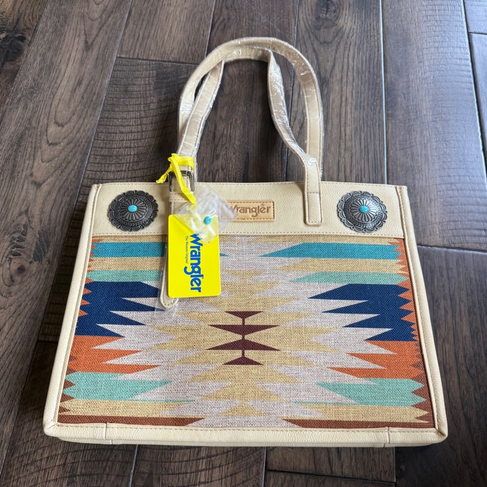 Wrangler Western Aztec Tote Bag Tan Vegan Leather Concho WG52-8250TN NEW